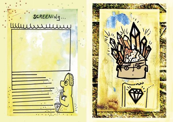 Split image: Left side, a cartoon person with popcorn watches a blank screen labeled SCREENING…. Right side, a stylized crystal-crowned face wears a diamond shirt—like Schiffer Publishing Ltd.’s The Manifestation Journal come to life in yellow tones.