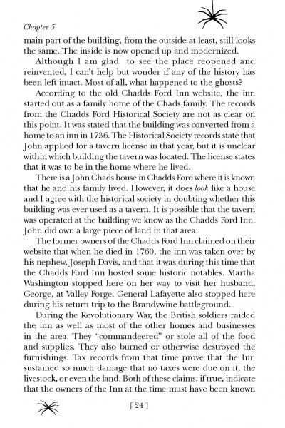 A page from Brandywine Valley Ghosts by Schiffer Publishing, Ltd. features "Chapter 5", page 24, with text on Chadds Ford Inn’s history, Brandywine Valley hauntings, and the Chadds Ford Historical Society, plus black spider illustrations.