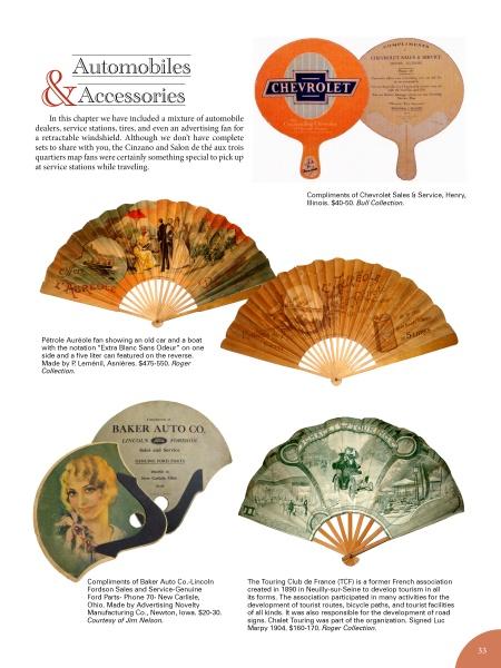 A page from "Fans: Advertising & Souvenir" by Schiffer Publishing, Ltd. showcases vintage automobile-themed advertising fans from Chevrolet, Baker Auto Co., and Touring Club de France, all neatly arranged with captions on a white background.