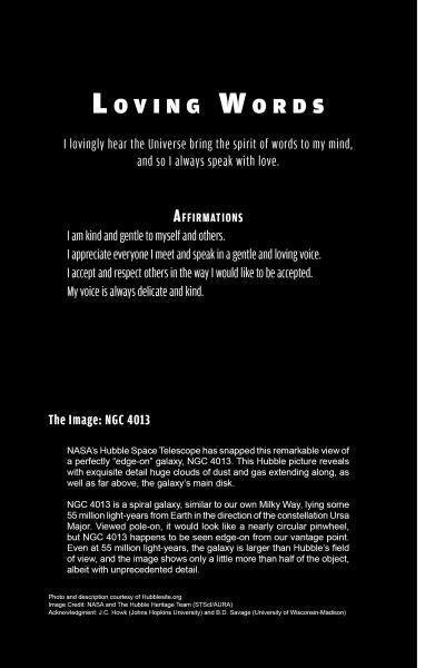 A black poster with white text from Sacred Space Meditation Cards by Schiffer Publishing, Ltd., featuring the poem "Loving Words," meditation affirmations on kind speech, and an astronomy fact about Hubble’s NGC 4013, with photo credit at the bottom.