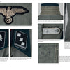 A book spread in "Black and Field Gray Uniforms of Himmler's SS" by Schiffer Publishing shows detailed WWII German uniform photos—Waffen-SS insignia, skull emblem, collar tabs, a hook—and text explaining their meaning and placement.
