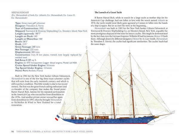 A page from "Great American Schooner Yachts" by Schiffer Publishing, Ltd. displays a color illustration of a three-masted schooner, with ship specs on the left and historical launch details on the right.