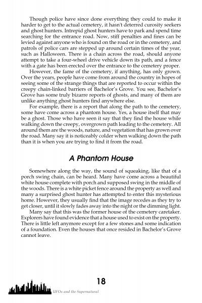 A page from Chicago's Unsolved Crimes & Mysteries by Schiffer Publishing, Ltd., discusses haunted cemeteries, ghost hunters, and supernatural events in Bachelor’s Grove. Page 18 features a city skyline graphic at the bottom.