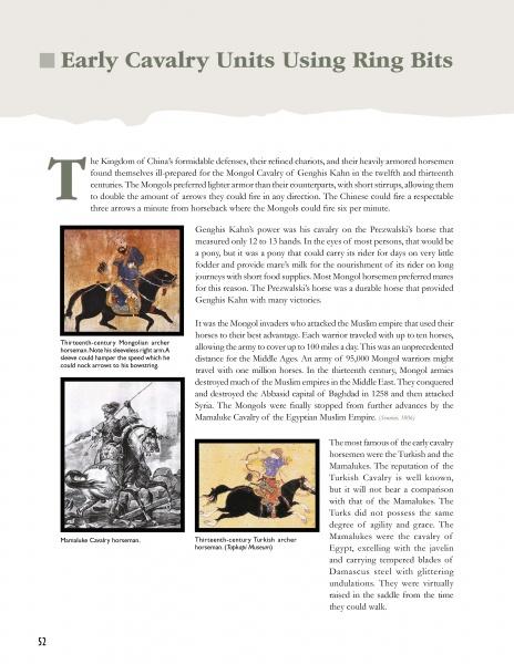 A book page from "The Ring Bit" by Schiffer Publishing, Ltd. delves into early cavalry and bit history, with text and three images: Mongolian, Mamluk, and Turkish horsemen—each image includes a brief caption.
