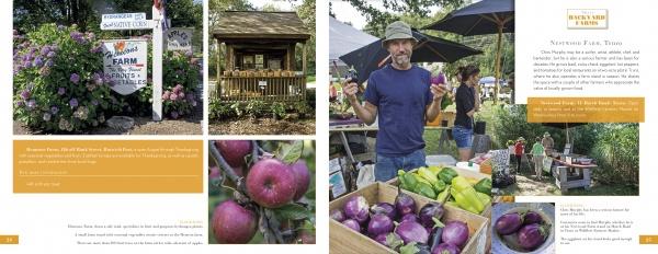 A two-page spread from *Farms of Cape Cod* (Schiffer Publishing, Ltd.) captures a Cape Cod farm stand with baskets of produce, smiling farmers, and shoppers surrounded by signs, apples, and colorful local organic food.