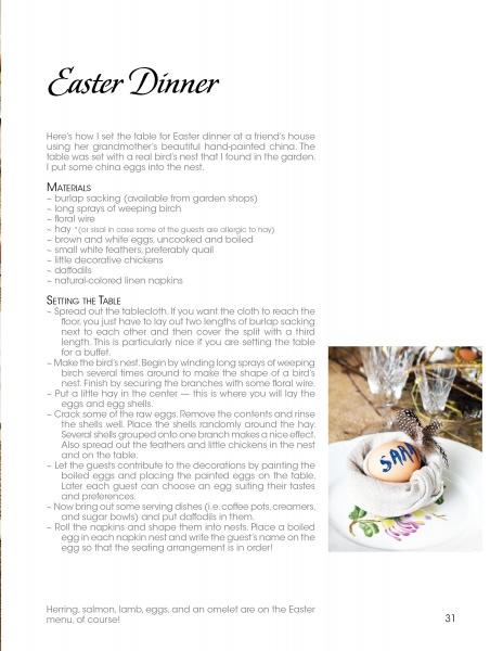 A page from Schiffer Publishing, Ltd.'s "Seasonal Table Settings," featuring Easter dinner decor ideas and festive table-setting steps, with a photo of a place setting showcasing an egg labeled SAM in a decorative nest.