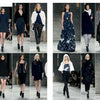 The SFP LookBook: Mercedes-Benz Fashion Week Fall/Winter 2014 Collections by Schiffer Publishing, Ltd. features chic female models in dark-toned outfits—dresses, skirts, pants, jackets, and coats—set against a minimalist gray backdrop.