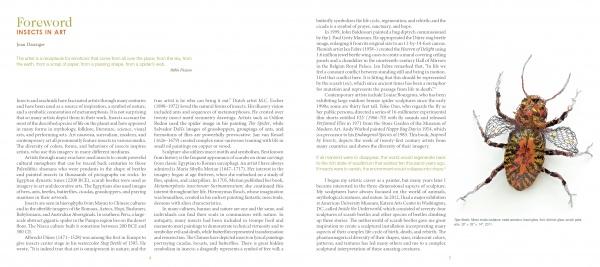 A two-page spread from Schiffer Publishing, Ltd.’s "Inspired by Insects" shows Foreword: Insects in Art on the left and a detailed beetle sculpture with delicate, wire-like wings on the right, set against a white background.