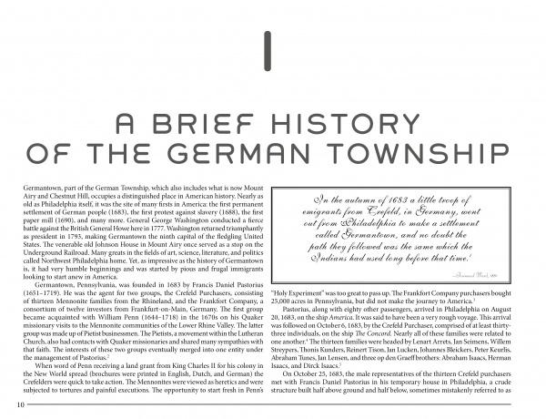 A black-and-white book spread from "Historic Architecture in Northwest Philadelphia: 1690 to 1930s" by Schiffer Publishing, Ltd. features two columns on German settlements and a Germantown 1683 arrival quote, highlighting historic buildings.