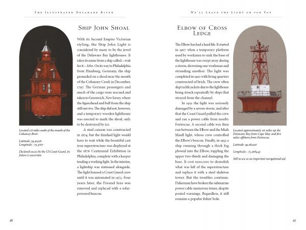 Two pages from The Illustrated Delaware River by Schiffer Publishing, Ltd. display color photos and descriptions of Ship John Shoal (left) and Elbow of Cross Ledge (right), capturing their historic roles along the Delaware River.