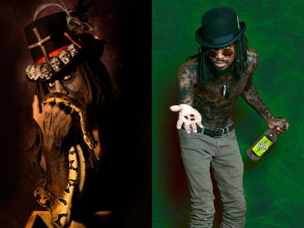 Two images from "Justice Howard's Voodoo" (Schiffer Publishing, Ltd.): Left, a Voodoo Queen in a skull hat with a snake; right, Justice Howard captures a tattooed, shirtless figure with sunglasses and bottle reaching out.