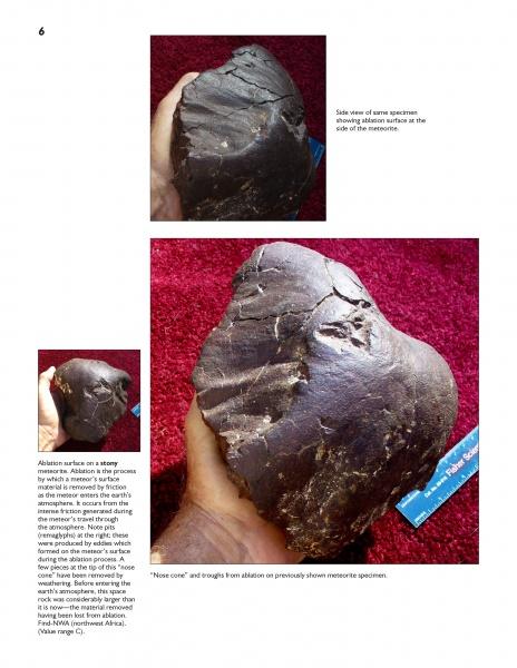 A hand displays a dark meteorite with a smooth, cracked surface from various angles on a red background—perfect Meteorites images for collectors' guides from Schiffer Publishing, Ltd. Some photos include a blue measuring scale.