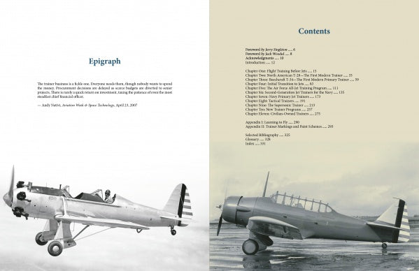 Two vintage black-and-white photos of military aircraft appear on the left and right pages; the left page has an epigraph, while the right shows a table of contents for "Training the Right Stuff" by Schiffer Publishing, Ltd.