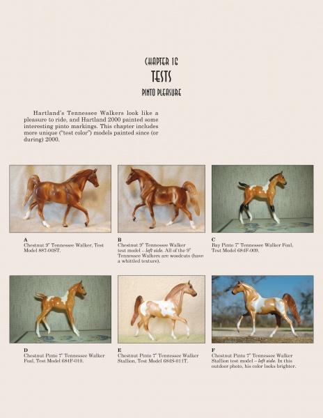 A catalog page showcases six Hartland Horses by Schiffer Publishing, Ltd., each in its own box with a label detailing the breed, color, and model number. The title reads: Tests Photo Pleasure—classic collectibles for enthusiasts.