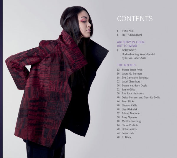 A woman with long dark hair models a textured, oversized red and black wearable fiber art jacket, standing in profile. Next to her is the table of contents for Artistry in Fiber, Vol. 3 by Schiffer Publishing, Ltd.