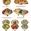 Fans: Advertising & Souvenir" by Schiffer Publishing, Ltd. showcases eight vintage advertising fans with colorful, unique designs, arranged in two rows on a white background, each labeled with descriptive text below.