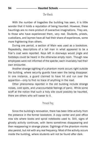 A page from Haunted Austin, Texas by Schiffer Publishing, Ltd. discusses ghost sightings and eerie events in a school, with phantom monks and strange noises, similar to stories from a ghost tour. "Page 94" appears at the top.