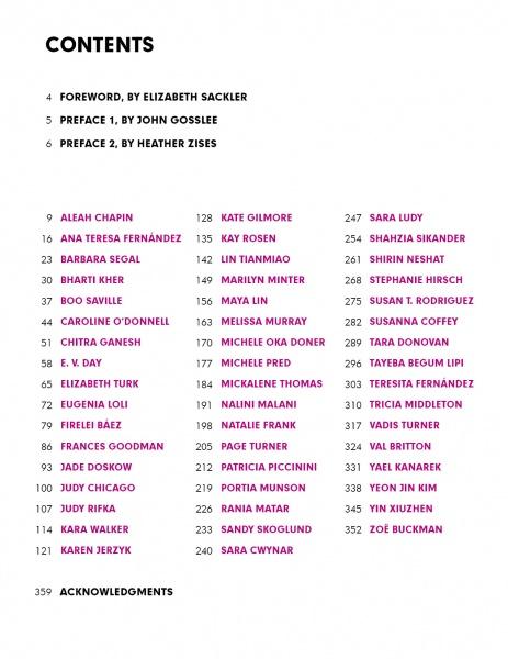 The table of contents in "50 Contemporary Women Artists" by Schiffer Publishing, Ltd. lists section headings and page numbers in black and artist names in magenta, with three columns including foreword, prefaces, acknowledgments, and featured artists.
