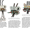 Figural Designs in Zuni Jewelry by Schiffer Publishing, Ltd. features three bolo ties with covered wagon designs in silver, turquoise, coral, and shell, plus closeups of mosaic inlay in red, white, and turquoise with artist and material details.
