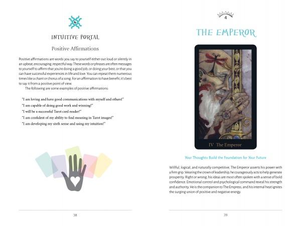 An open Mystic Spirit Tarot Playbook by Schiffer Publishing, Ltd. Left page: Positive Affirmations with a hand illustration; right page: Major Arcana card The Emperor with descriptive and intuitive guidance text.