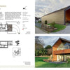 The "Auto-tecture" spread by Schiffer Publishing, Ltd. features architectural plans and photos of a modern house with a sloped roof, innovative parking design, unique driveway, wood facade, large windows, and a grassy yard.