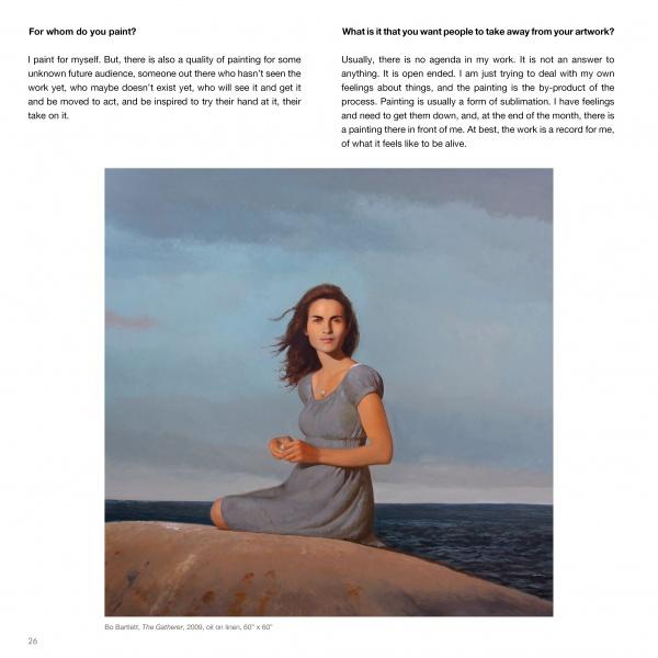 A woman in a light blue dress sits on a rock, gazing ahead calmly under a serene sky. Text is featured above and beside her. This scene appears on the cover of "Behind the Easel" by Schiffer Publishing, Ltd.