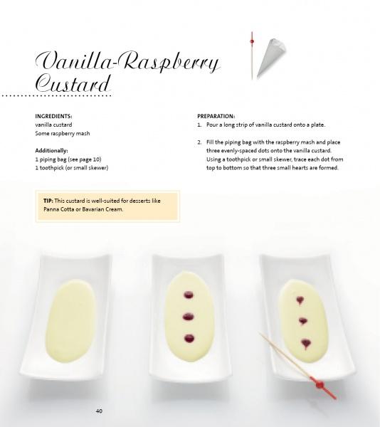 A recipe page from Schiffer Publishing, Ltd.'s "Garnishing & Decorating" features step-by-step images of Vanilla-Raspberry Custard elegantly plated with increasing raspberry dot garnishes and a piping bag illustration at the top right.