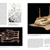 A book spread from "Emerging from the Shadows, Vol. I" by Schiffer Publishing, Ltd. showcases architectural sketches, organic wooden models, and text describing women artists in California, with captions labeling each image and creator.
