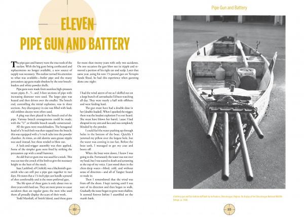 A two-page spread from Schiffer Publishing, Ltd.'s "The Outlaw Gunner" shows text opposite a black-and-white photo of a canoe with pipes, a jug, and gear—capturing Chesapeake Bay's storied market hunting past.