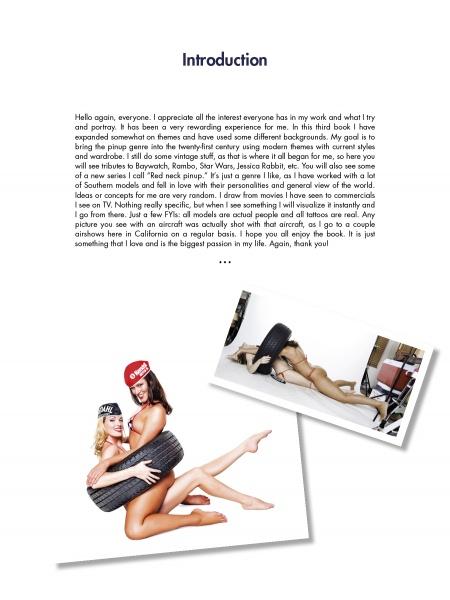 A page titled Introduction features a text paragraph above two photos of women in hats and tires, echoing the bold style of Robert Alvarado’s Americana art, from Alvarado's All-American Girls by Schiffer Publishing, Ltd.