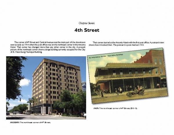 Two images in "St. Petersburg" by Schiffer Publishing, Ltd. show the northwest corner of 4th St. and Central Ave.: a modern office building replaces a two-story wooden structure and vintage cars, evoking scenes from old postcards.