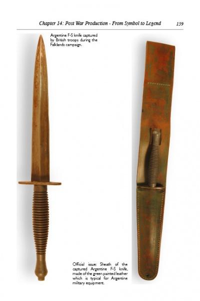 A bronze-colored Fairbairn-Sykes Fighting Knife by Schiffer Publishing, Ltd. with a ribbed handle lies beside its brown leather sheath, which has a loop and partially holds the knife on a white background.
