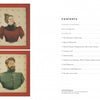 Two framed embroidered portraits in Victorian attire highlight tapestry artistry. Next to them is the table of contents from Schiffer Publishing, Ltd.'s book "The Art Is the Cloth," with twelve sections on weaving history and techniques.