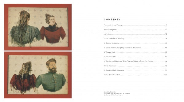 Two framed embroidered portraits in Victorian attire highlight tapestry artistry. Next to them is the table of contents from Schiffer Publishing, Ltd.'s book "The Art Is the Cloth," with twelve sections on weaving history and techniques.