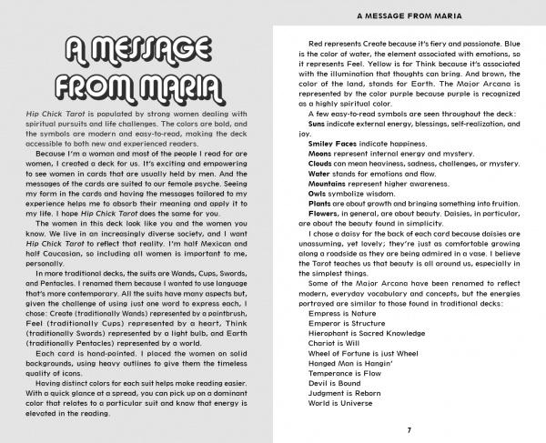 An open book features a section titled “A Message From Maria.” The left page introduces Hip Chick Tarot by Schiffer Publishing, Ltd., a deck honoring diverse women; the right explains color symbolism and card symbol meanings.