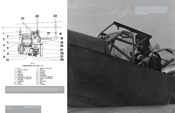 On the left, a labeled technical diagram of a Bf 109 component; on the right, a Spanish Civil War-era black-and-white photo of a Legion Condor pilot in uniform—featured in Schiffer Publishing’s "German Eagles in Spanish Skies.