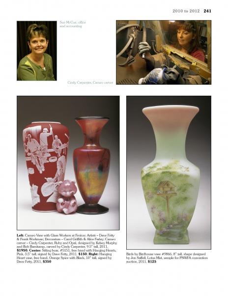 A collage features a smiling woman in an office, a woman crafting glass, and photos of three ornate Fenton Art Glass vases. Captions spotlight the artists, glass details, and collectibles from Schiffer Publishing, Ltd.