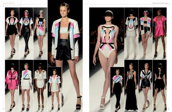 The SFP LookBook: Mercedes-Benz Fashion Week Spring 2014 Collections by Schiffer Publishing, Ltd. showcases runway trends with bold, geometric outfits in white, black, pink, and aqua, including swimsuits, skirts, jackets, and sheer dresses.