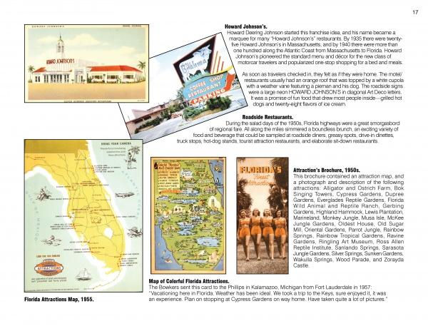 The '50s Roadside Florida by Schiffer Publishing, Ltd. features a vintage magazine page displaying Florida postcards, a brochure, a colorful 1950s attractions map, and text about Howard Johnson’s, roadside eateries, and tourist spots.