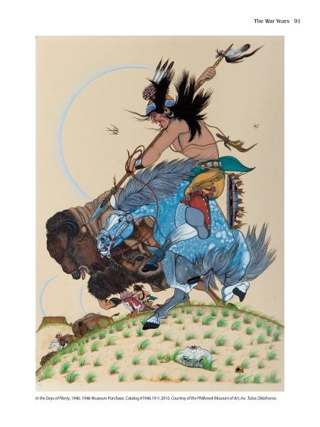 A Native American warrior on a blue horse hunts buffalo with a spear, accompanied by a dog on grassy terrain—a scene depicted in the Quincy Tahoma book by Schiffer Publishing, Ltd.
