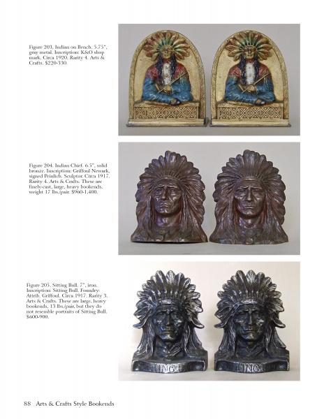 Three pairs of Schiffer Publishing, Ltd. bookends featuring Native American chiefs in feathered headdresses are shown, each with unique art styles and poses on a white background, accompanied by descriptive captions for reference.