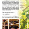 A magazine page titled Storage Ability of Wine features text on wine aging and storage, with a grape cluster photo and an image of wine bottles stored horizontally—adapted from Designing Wine Cellars by Schiffer Publishing, Ltd.