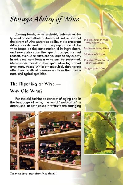A magazine page titled Storage Ability of Wine features text on wine aging and storage, with a grape cluster photo and an image of wine bottles stored horizontally—adapted from Designing Wine Cellars by Schiffer Publishing, Ltd.