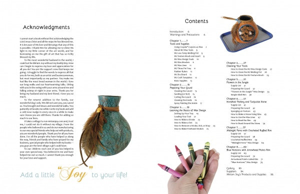 A spread from "Wax on Gourds" by Schiffer Publishing, Ltd. shows acknowledgments beside a turquoise vase with a feather and crayons; opposite, the table of contents appears next to gourd art featuring a decorated gourd drink on a tray.