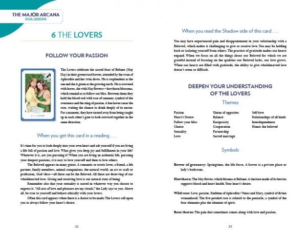 A book spread on The Lovers card from the Gaian Tarot by Schiffer Publishing, Ltd. offers text explanations, themes, symbols, and a color illustration of an embracing couple beneath an angel on a tranquil green background.