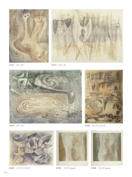 A collage of eight abstract artworks from Harry Bertoia Monoprints by Schiffer Publishing, Ltd., featuring flowing lines, ghostly shapes, and muted earth tones that evoke 20th-century sculpture through organic forms and delicate textures.