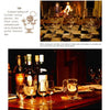 Two images from Food Presentation by Schiffer Publishing, Ltd. display expert food styling in scotch tastings: the top shows empty nosing glasses on a checkered table, while the bottom features bottles, glasses, water, and soda crackers artfully arranged.