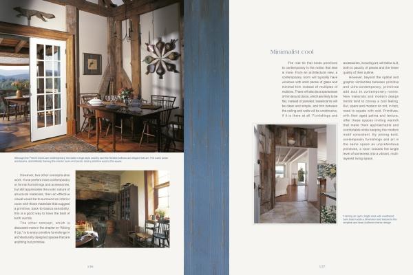 A book spread from "Passion for Primitives" by Schiffer Publishing, Ltd. shows rustic, sunlit interiors with wooden beams; the left page features a dining area and fireplace, the right a hallway and text about minimalist decor.