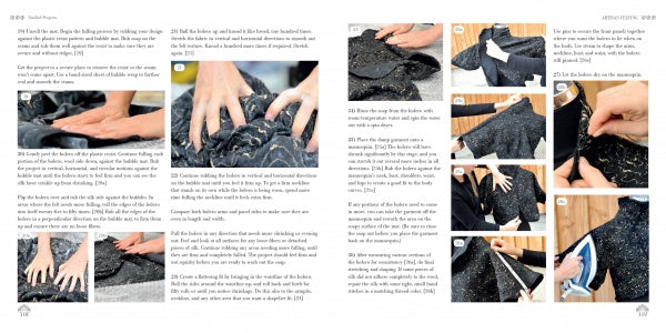 A step-by-step photo tutorial from Schiffer Publishing, Ltd.'s Artisan Felting shows hands shaping and crafting fibers—an ideal wearable art guide—with clear English instructions and close-up images for each felting technique.