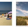 Left: People relax under umbrellas on a sandy beach by the sea. Right: A statue of a person riding a large fish sits on a grassy dune beneath blue skies, from Martha's Vineyard by Schiffer Publishing, Ltd.
